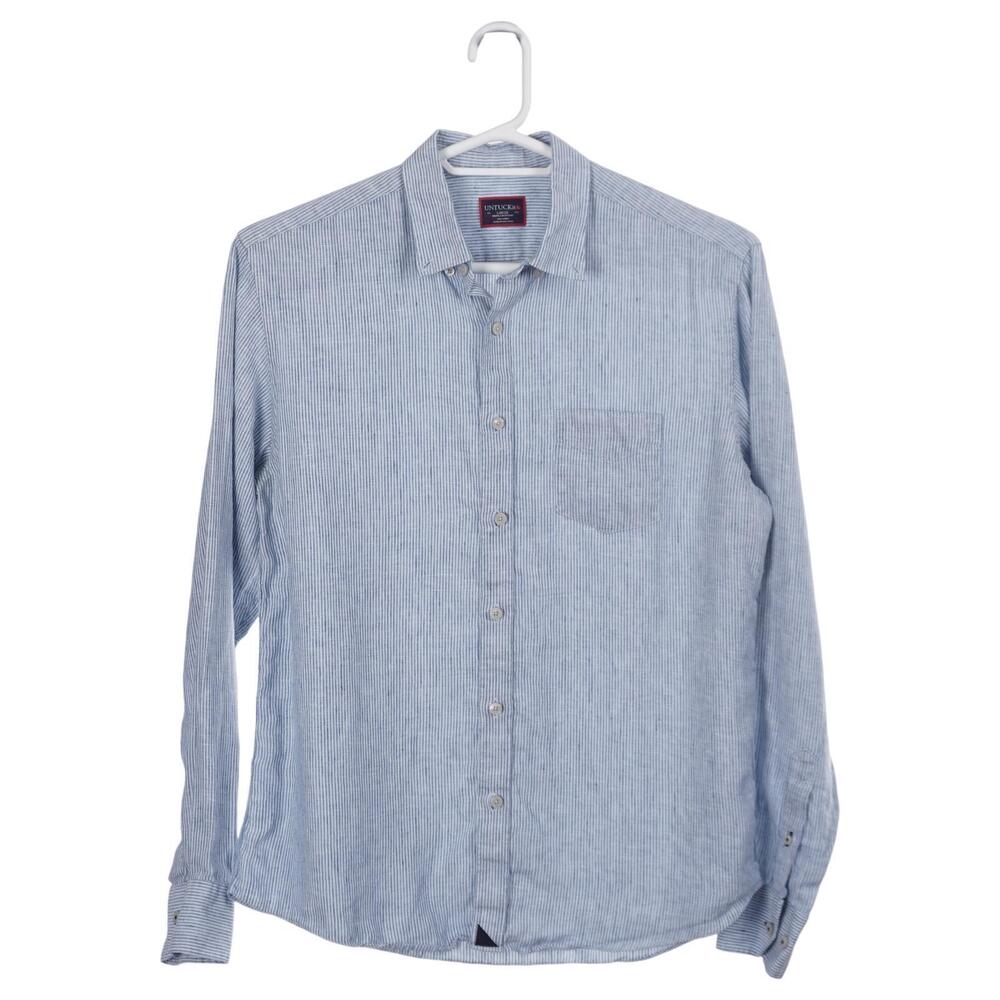 UNTUCKit Tercos Shirt L Blue Striped Linen Wrinkle Resistant Long Sleeve